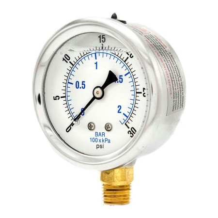 Engineered Specialty Products, Inc Pic Gauges 2-1/2" Vacuum Gauge, Liquid Filled, 30 PSI, Stainless Case, Lower Mount, PRO-201L-254C PRO-201L-254C